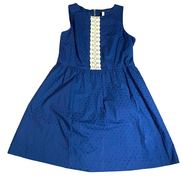 KENSIE blue cotton DRESS floral ivory lace embroidered fabric size LG sleeveless - Picture 2 of 16